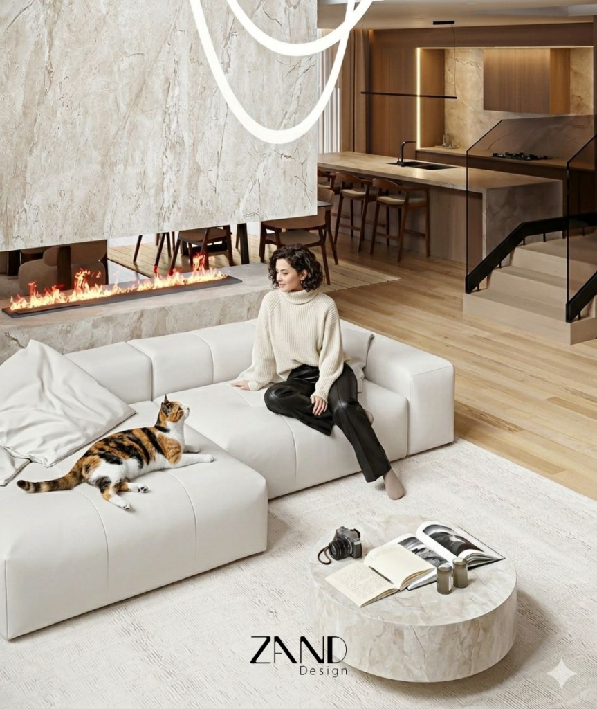 A woman sits on a modular white sofa next to a calico cat in a luxury living room. The background features a linear fireplace and a marble-clad wall, with the text "44 Hayle street" and project details in the corner.