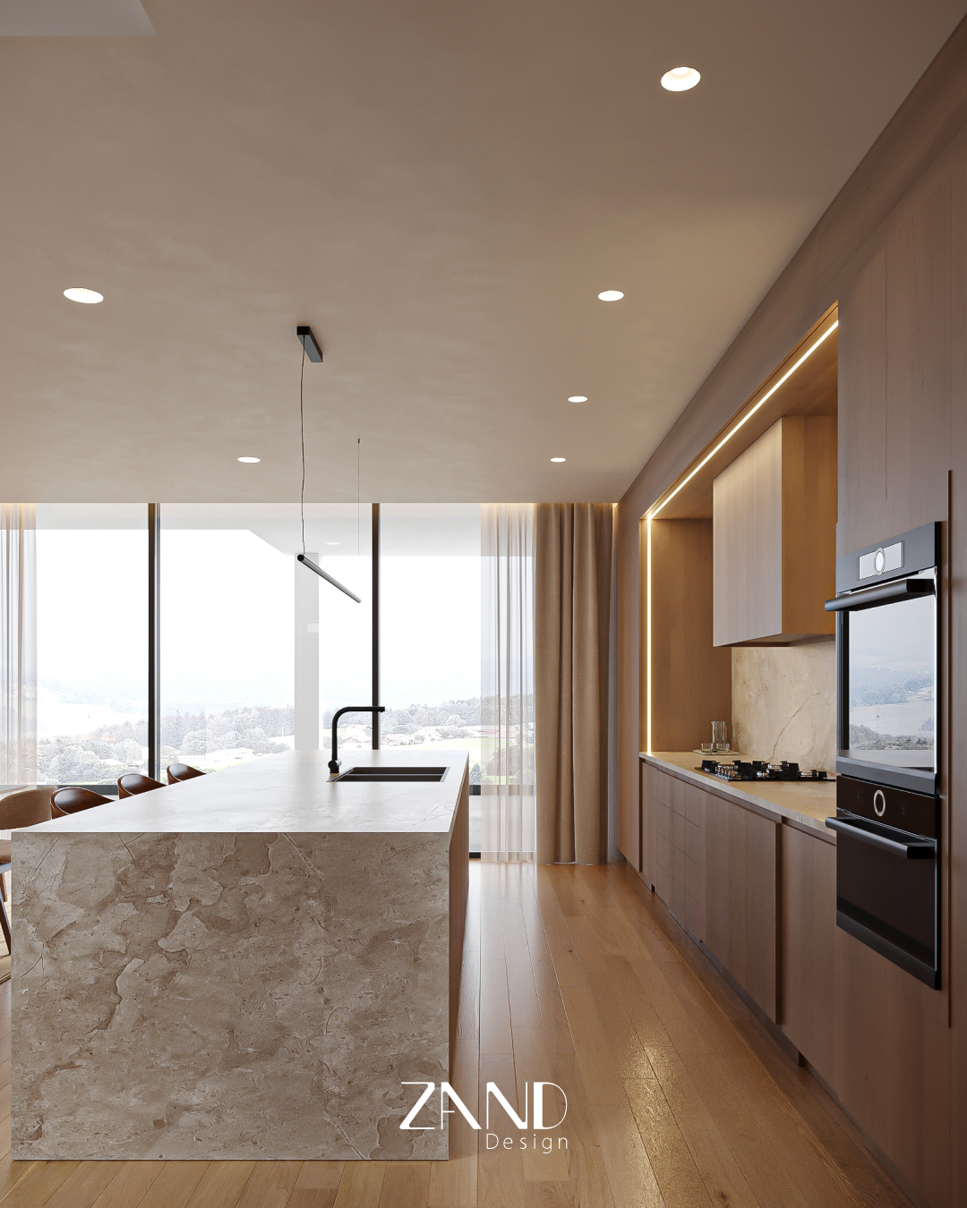 A side view of a minimalist kitchen featuring a large marble island and a sleek black faucet. The back wall has integrated wood cabinets, a built-in oven, and a lit backsplash area, all overlooking a large window.