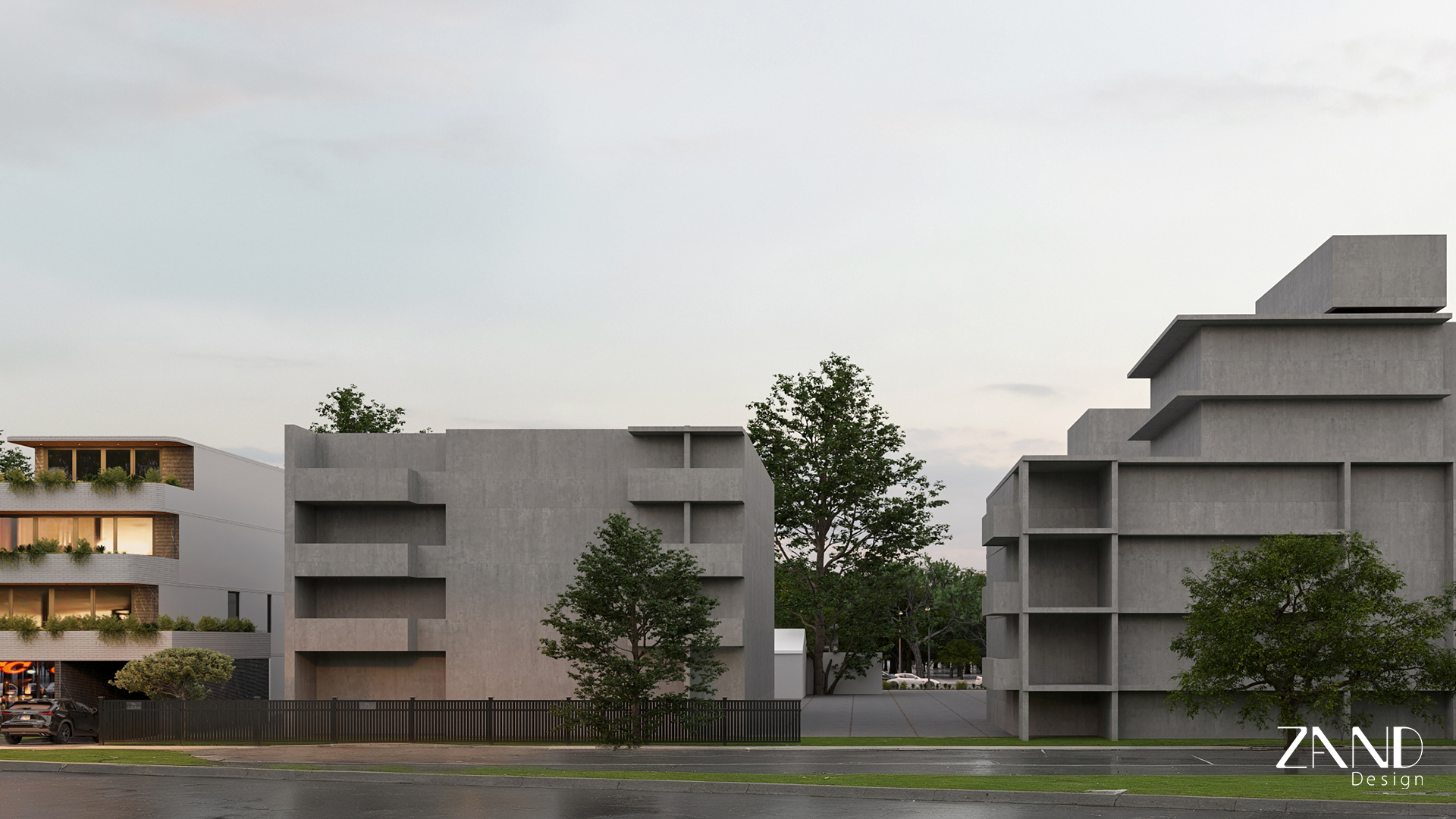 A contextual urban rendering showing the detailed brick building on the far left. The rest of the image features large grey geometric massing blocks representing neighboring structures to demonstrate the building's scale. The scene is set under an overcast sky with a quiet street and a line of mature trees in the background.