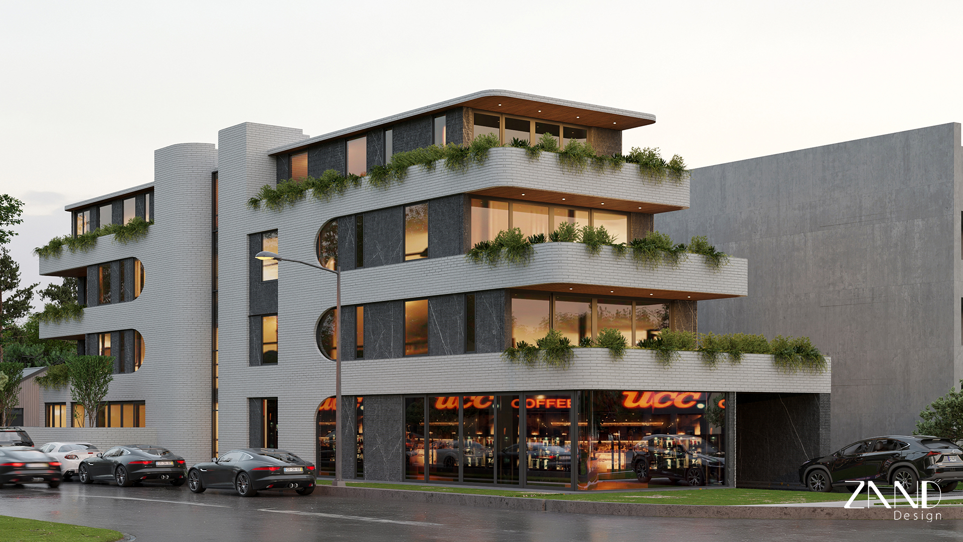 An angled street-view rendering of a sleek, four-story building. The architecture features light grey brickwork paired with dark textured stone and distinctive arched window recesses. Cantilevered balconies are overflowing with lush green plants, and the ground floor is occupied by a brightly lit "UCC Coffee" shop. Several high-end sports cars are parked along the street under a twilight sky.