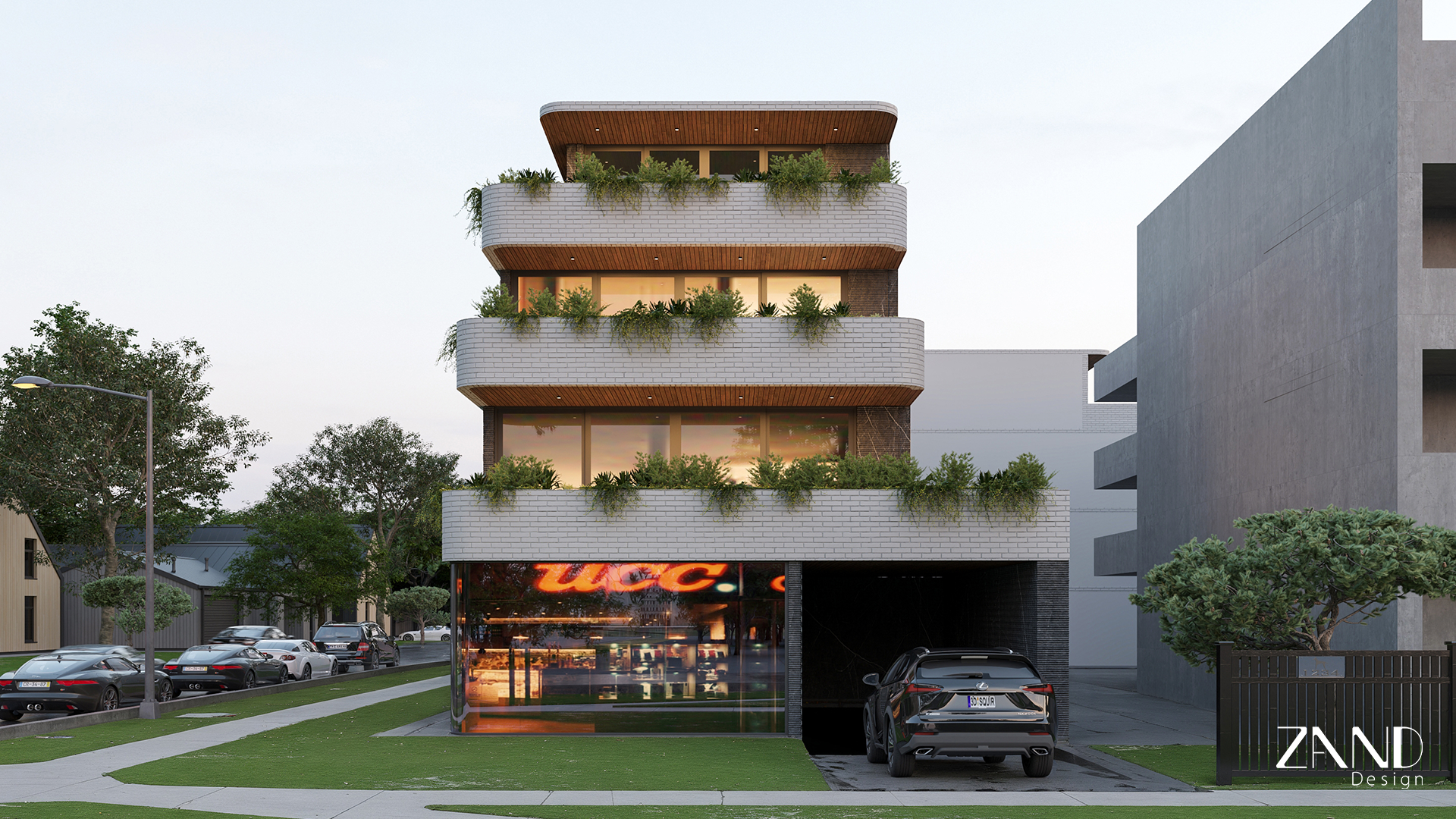 A direct frontal architectural rendering of the building. It highlights the tiered, cantilevered balconies with warm timber-lined ceilings and dense integrated greenery. The ground floor displays a large glass-fronted commercial space and a dark entrance ramp leading to an underground parking garage, set against a clean, minimalist urban backdrop.