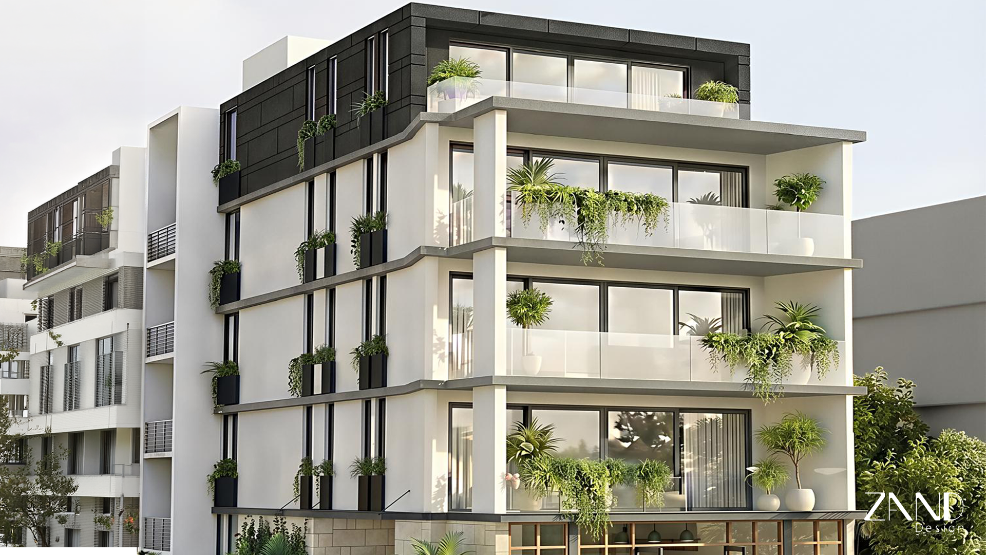 A modern multi-story residential building rendering featuring a crisp white facade contrasted by a dark charcoal penthouse level. The design includes deep, open balconies with glass balustrades, each adorned with overflowing green plants and potted shrubs. Slim vertical black window frames and small integrated planter boxes along the side add a rhythmic, contemporary detail to the structure under bright daylight.