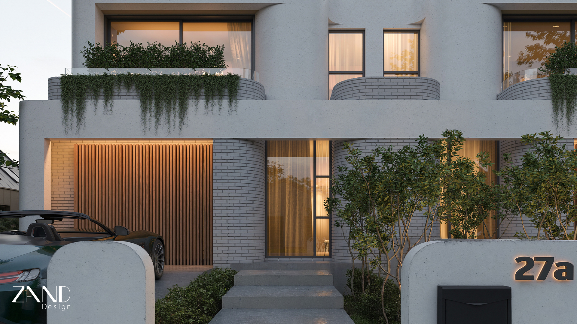 A close-up architectural rendering of a modern duplex entrance. The design features curved white concrete walls, light grey brickwork, and a vertical timber-slat garage door. A sleek concrete pathway leads to the door, flanked by small trees and a low wall with a backlit "27a" house number.