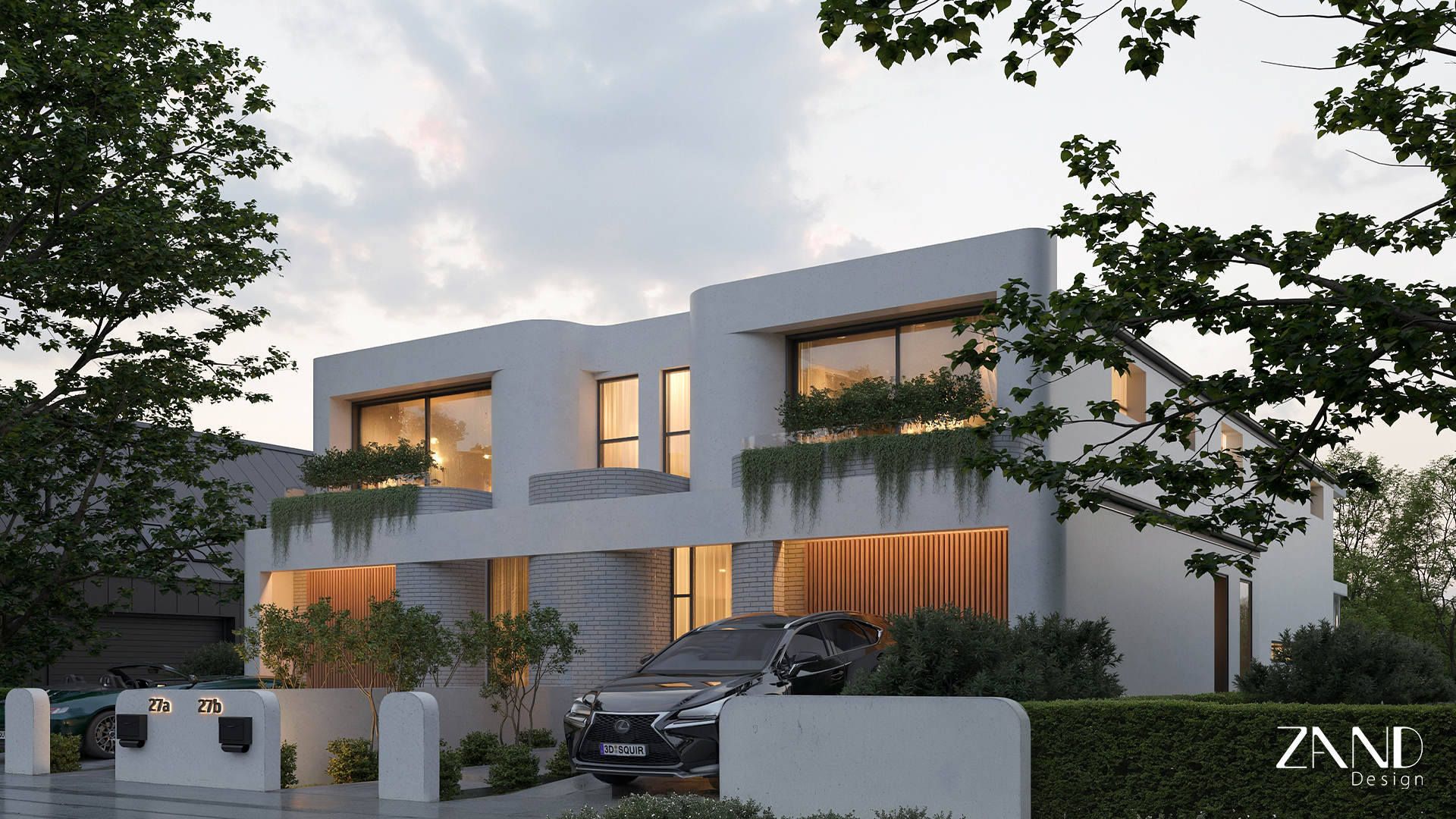 An exterior perspective of a contemporary two-story duplex under an overcast sky. The building uses a palette of white render and grey brick, with large glass windows and integrated balcony planters overflowing with trailing green vines. A black Lexus SUV is parked in the driveway.