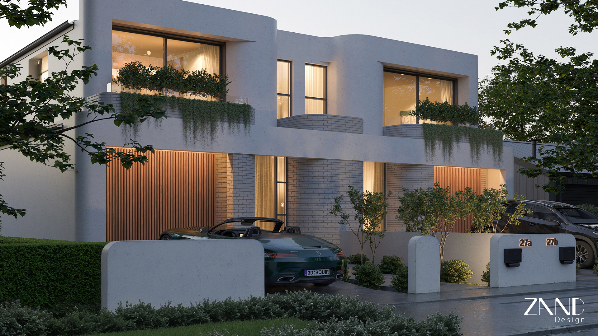 A street-level view of the duplex showing the opposite side of the structure. The architecture highlights rounded facade corners and a minimalist aesthetic. A dark green Mercedes-AMG convertible is parked in the driveway, surrounded by manicured green hedges and young trees.