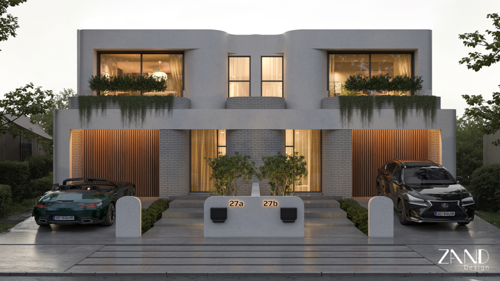 A symmetrical frontal rendering of the dual-occupancy residence. Central concrete steps divide the two units, each featuring large upper-floor windows and ground-floor timber garage accents. A luxury convertible sits on the left driveway and a black SUV on the right, showcasing the full width of the property.