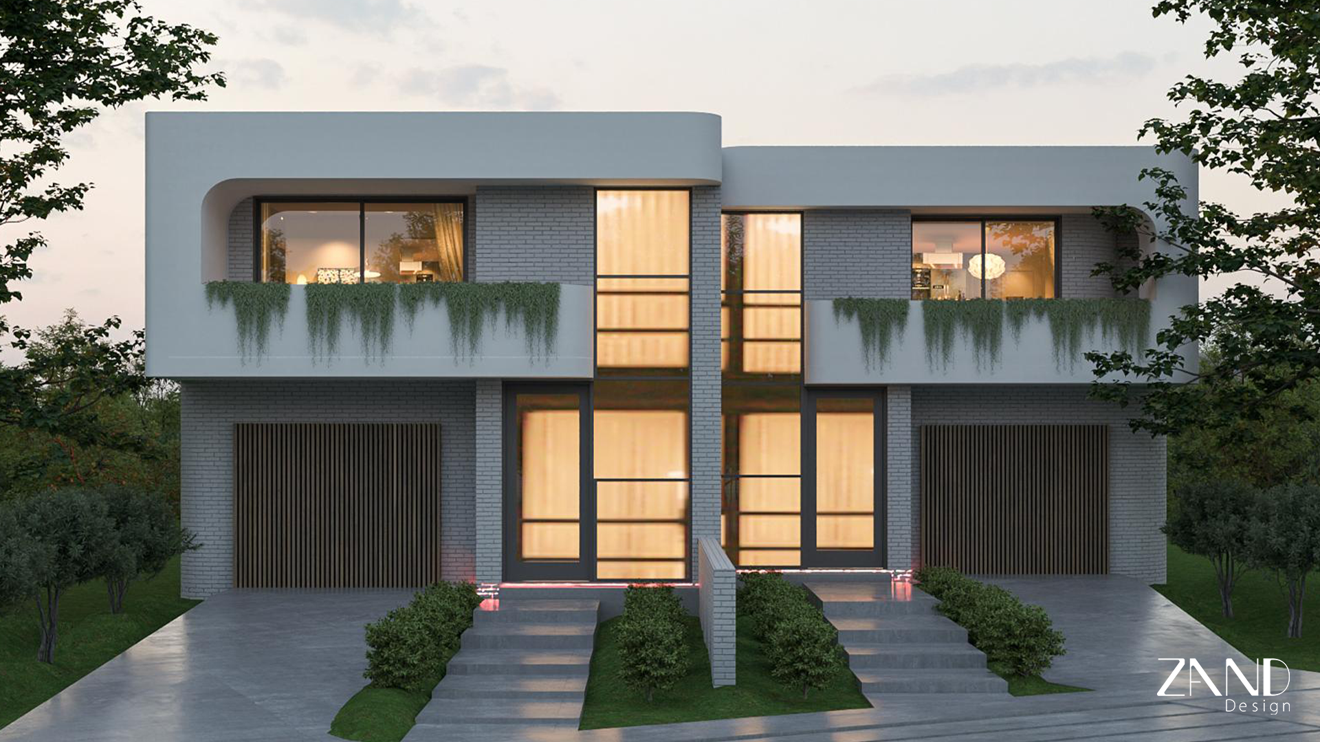 A rendering of the duplex with a focus on verticality, featuring tall, frosted glass panels in the center and grey brick walls. The upper balconies are shaded by a white overhanging roof and decorated with hanging plants, while illuminated steps lead up from the driveway.