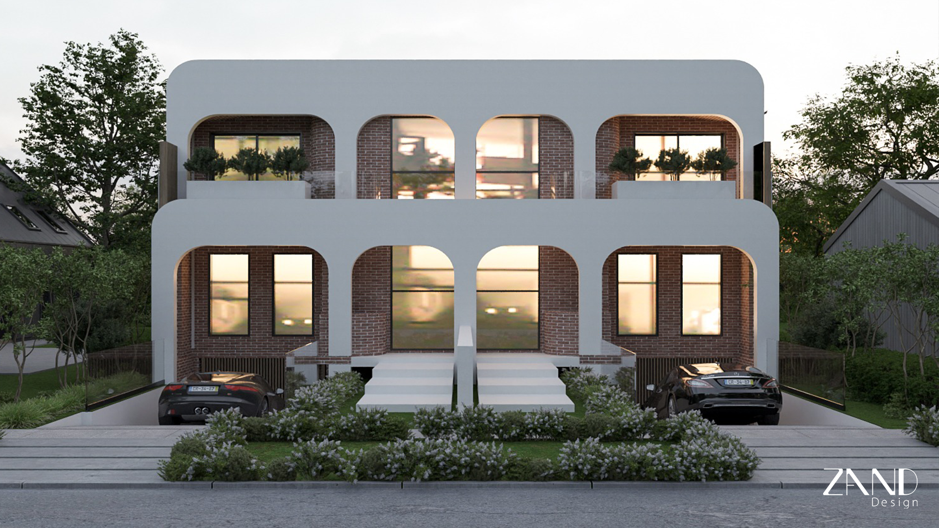 An alternative design variant of the duplex featuring a white facade with four large architectural arches. The arches frame red-brown brickwork and large windows on both levels. The building includes sunken driveways for car storage and a central landscaped garden bed.