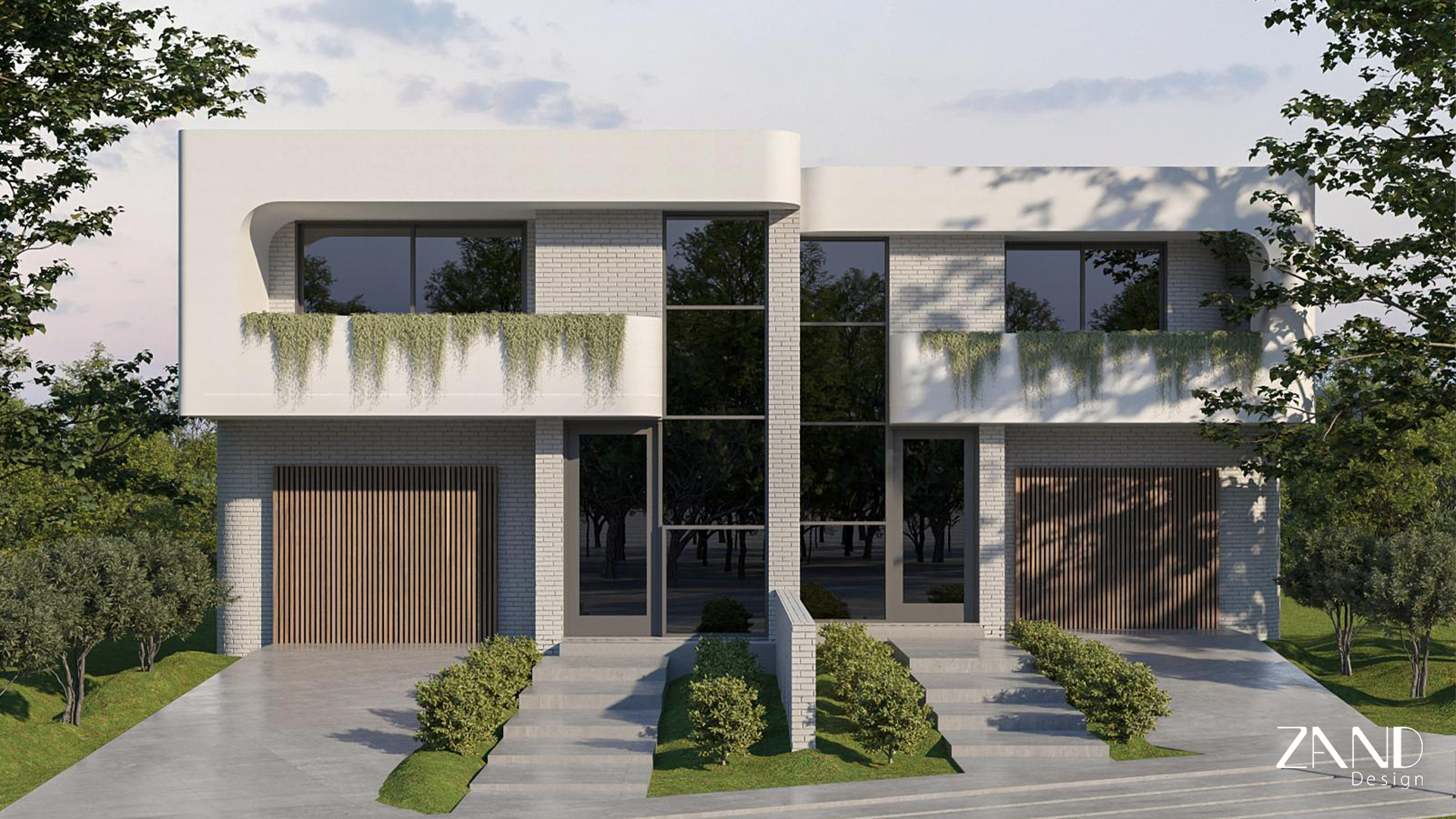 A direct frontal view of a minimalist duplex design. It features a stark white "C-shaped" concrete frame around the upper level, grey brick textures, and dark timber garage doors. Large glass entrance doors are positioned centrally, reflecting the surrounding trees.