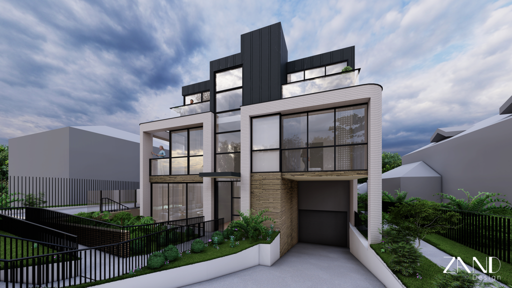 Contemporary multi-residential architectural rendering featuring a mix of textures: light-colored brickwork, natural wood slat accents, and black standing seam metal cladding. The structure includes glass-railed balconies and an integrated subterranean garage.