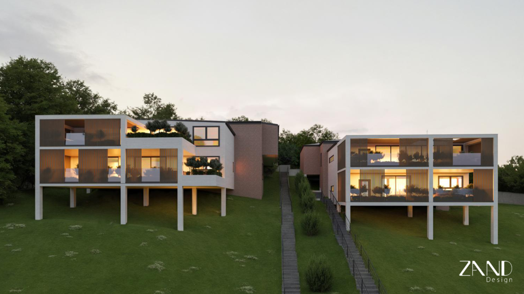 An architectural rendering of two modern, minimalist residential buildings elevated on slender white pillars over a grassy slope. The structures feature clean white rectangular frames with vertical timber privacy slats and large windows glowing with warm interior light. A long, central outdoor staircase ascends the hill between the two buildings, surrounded by lush green foliage under a soft twilight sky.