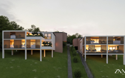 An architectural rendering of two modern, minimalist residential buildings elevated on slender white pillars over a grassy slope. The structures feature clean white rectangular frames with vertical timber privacy slats and large windows glowing with warm interior light. A long, central outdoor staircase ascends the hill between the two buildings, surrounded by lush green foliage under a soft twilight sky.