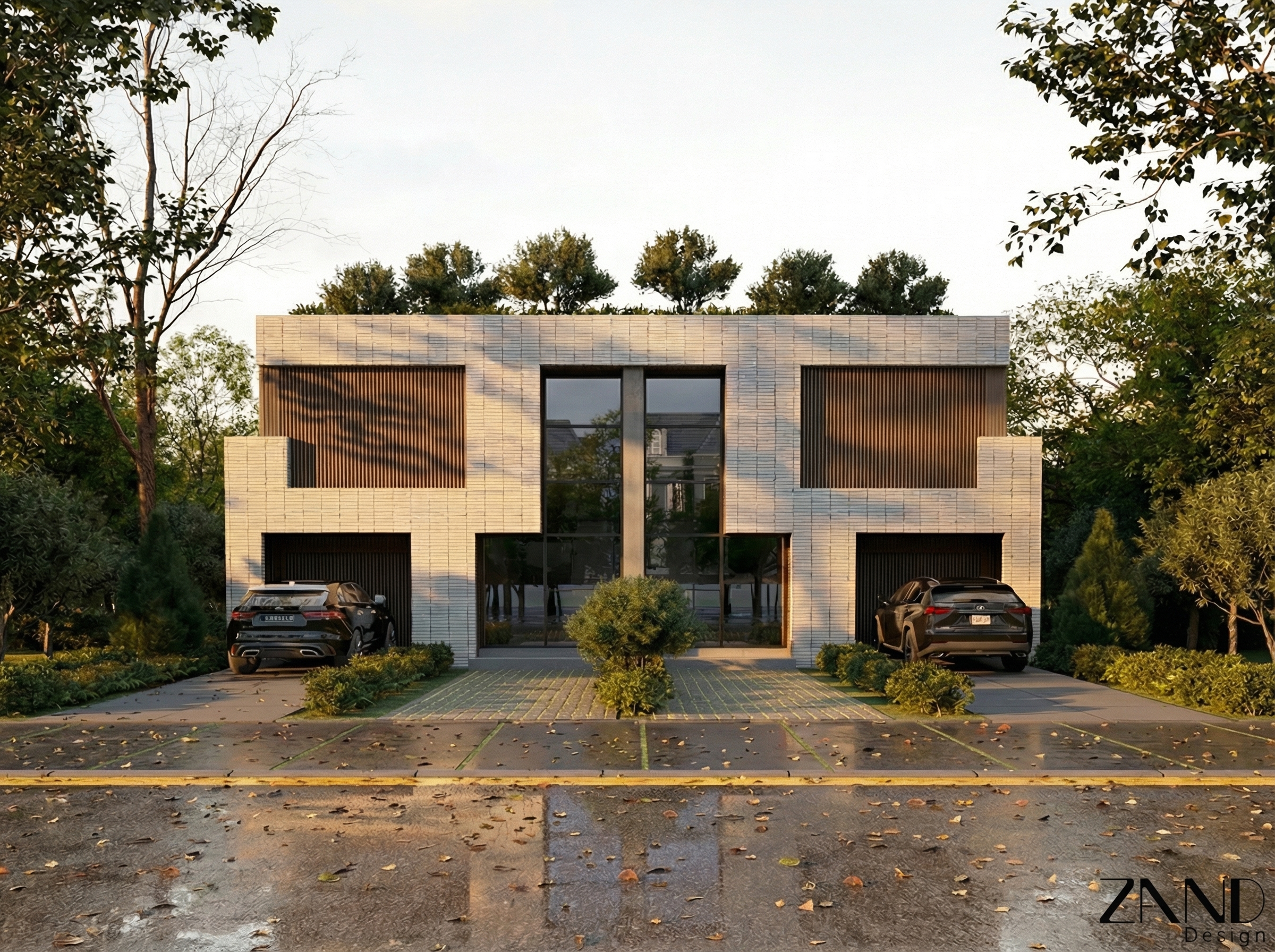 Architectural 3D rendering of the modern facade at 8 Kinross Place, Revesby, featuring vertical timber slats and a minimalist stone exterior by Zand Design.