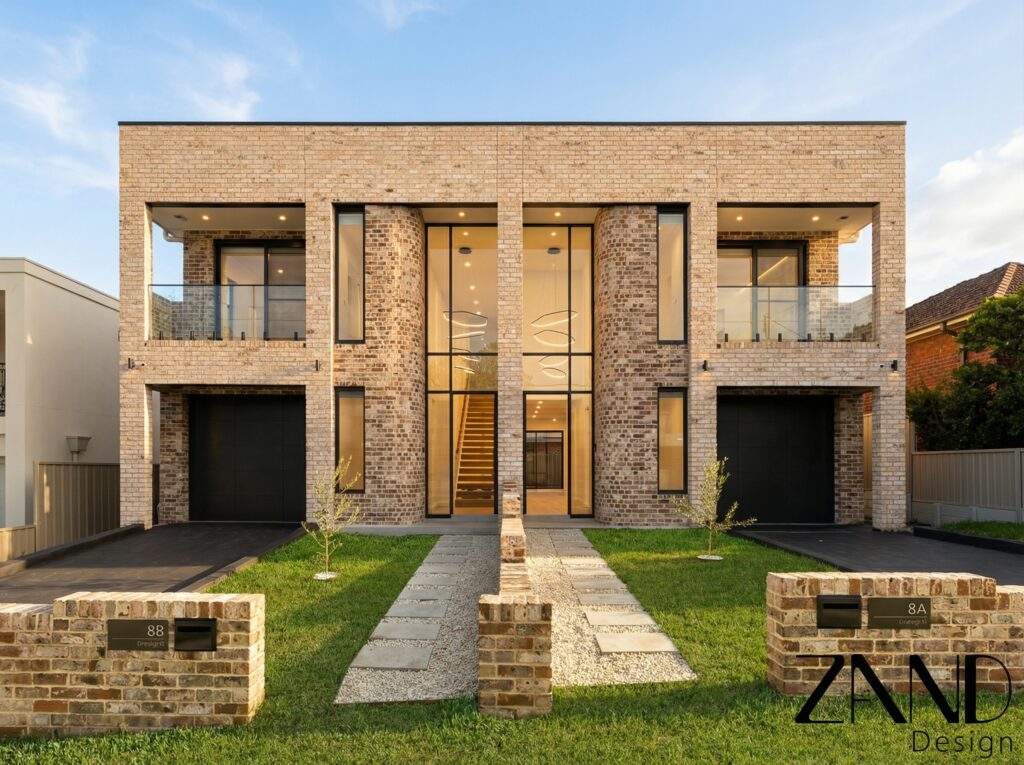 The symmetrical brick facade of a luxury duplex at 8 Kinross Place, Revesby NSW 2212, showcasing architectural design and landscaping by Zand Design.