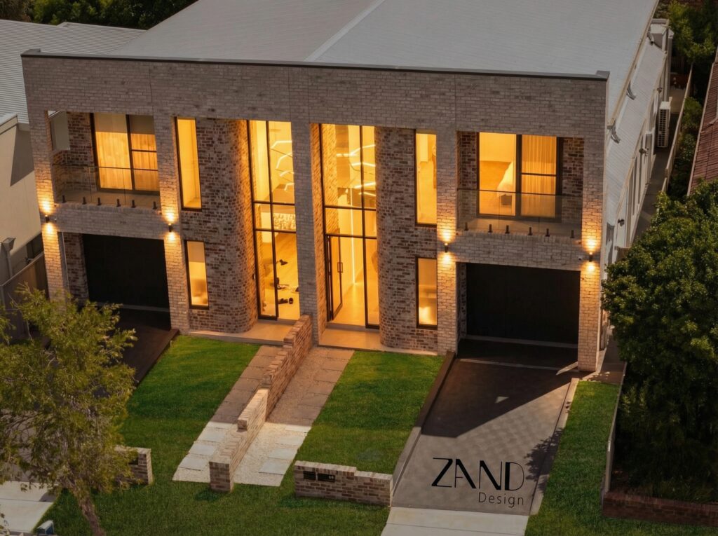 Architectural 3D rendering of the modern facade at 8 Kinross Place, Revesby, featuring vertical timber slats and a minimalist stone exterior by Zand Design.