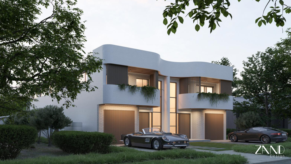 An architectural rendering of a contemporary two-story home featuring a crisp white facade with dark charcoal accents. The upper level is defined by expansive floor-to-ceiling windows and a minimalist glass-railing balcony. A black SUV is parked on a clean concrete driveway, surrounded by manicured landscaping and young trees under a bright, clear sky.