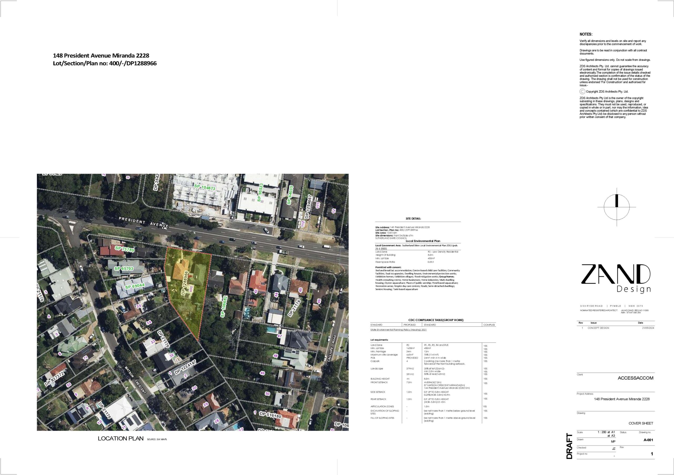 Architectural cover sheet for a project at 148 President Avenue, Miranda. The page features a large aerial "Location Plan" highlighting an irregularly shaped property lot within a suburban neighborhood. To the right of the map, there are sections for site details and a CDC compliance table for a group home. The right sidebar contains the ZAND Design logo, project information for "ACCESSACCOM," and the drawing number A-001.