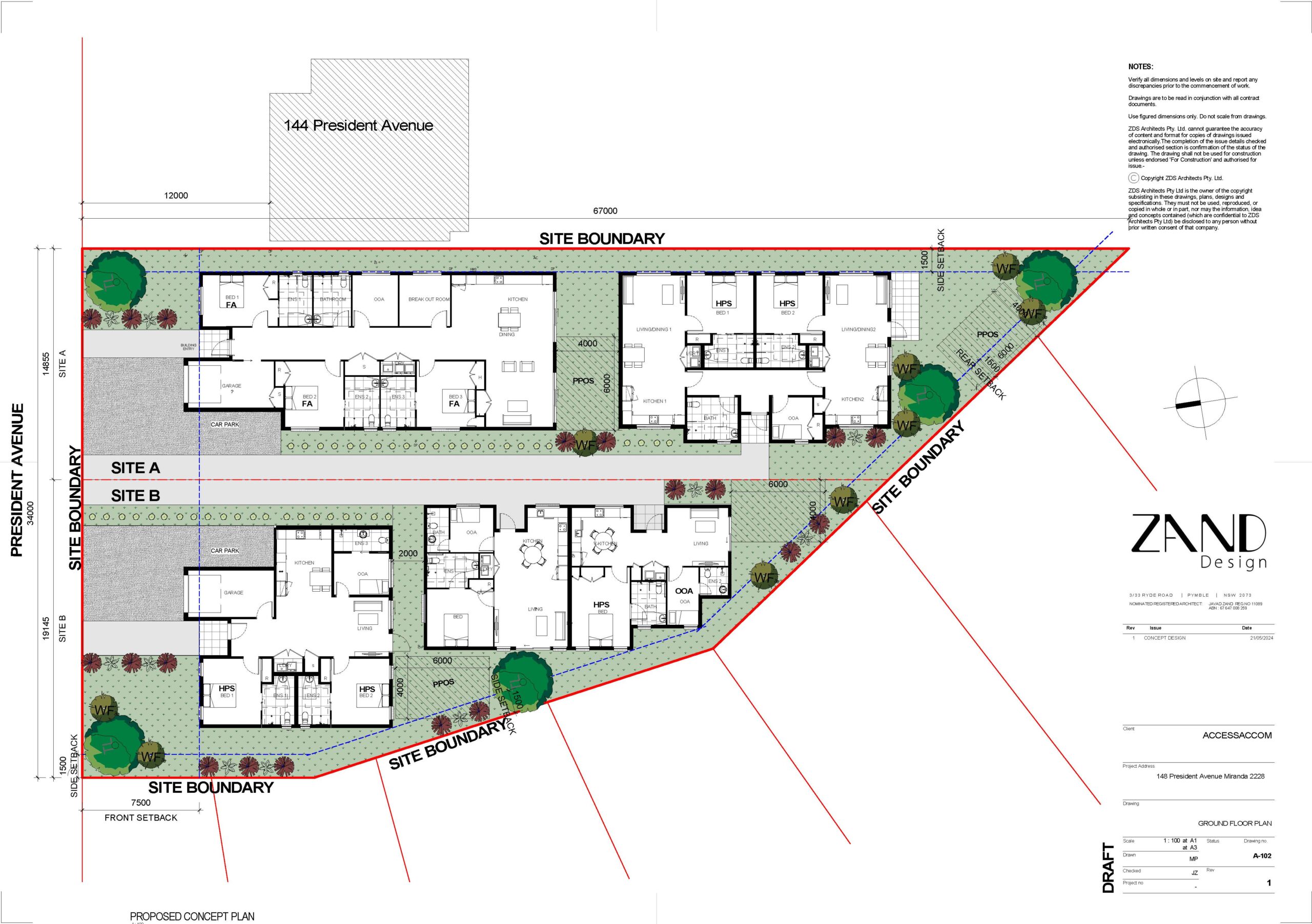 A detailed ground floor concept plan for the property, labeled "A-102." The site is divided into two sections, Site A and Site B, separated by a long central driveway. The plan shows the layouts of several buildings containing rooms labeled "HPS" and "OOA," likely for specialized housing. The site is surrounded by a triangular red boundary line with detailed setbacks, green tree icons, and landscaped garden beds throughout. The ZAND Design logo and project details are visible in the right-hand footer.