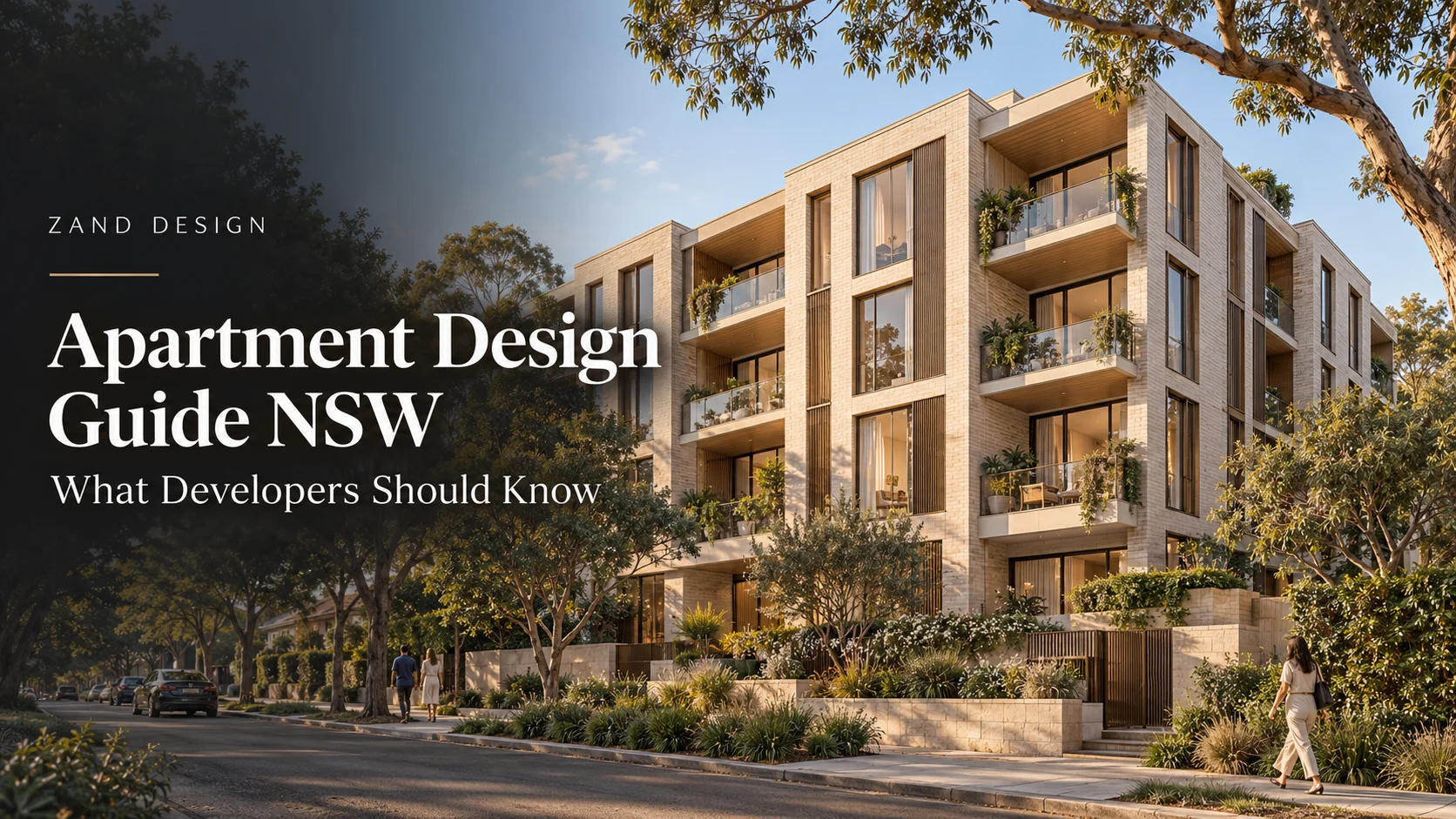 Conceptual apartment building with landscaped gardens and sunlit balconies for the Apartment Design Guide NSW article.